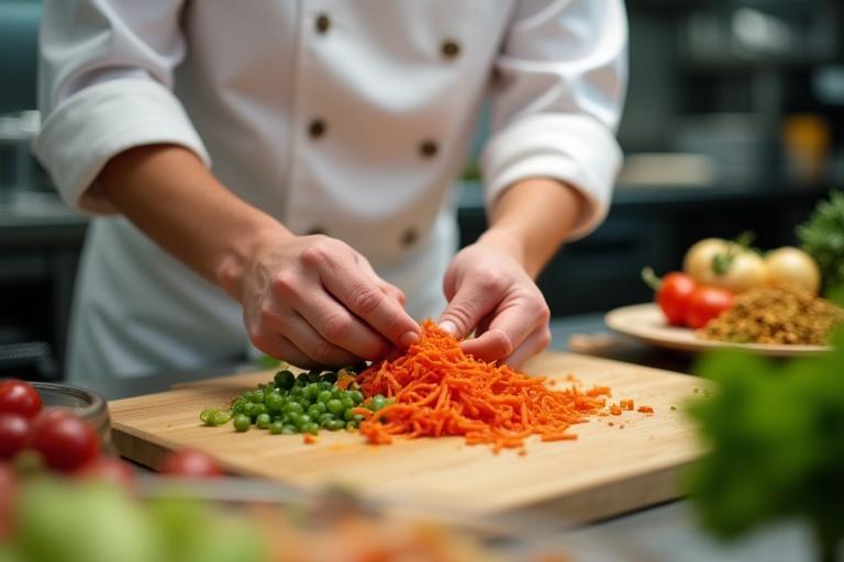 Chef preparing fresh ingredients in a clean kitchen at Spice Spoon Foods, with vibrant vegetables and spices laid out.