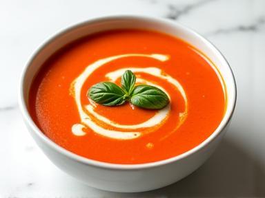 A vibrant red bowl of Creamy Tomato Basil soup garnished with a fresh basil leaf and a swirl of cream.