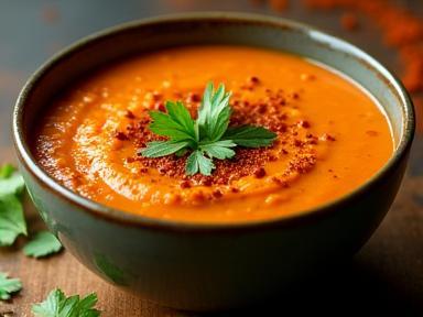A hearty bowl of thick, orange-brown Spicy Lentil Delight soup topped with fresh cilantro and a swirl of tempering spices.
